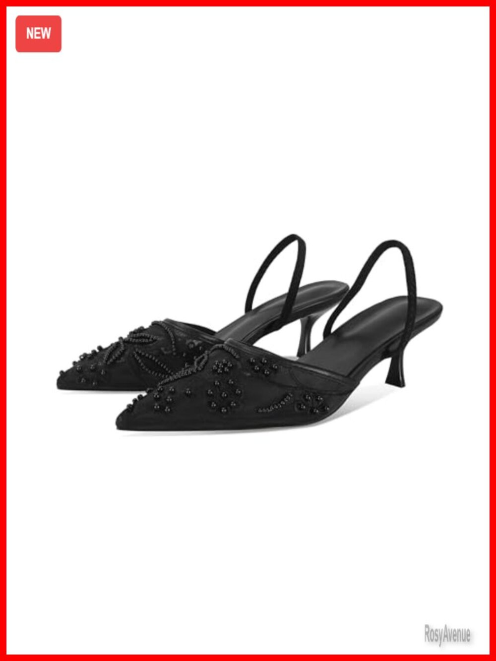 Embroidered Kitten Heels Pointed Toe Mesh Floral Slingback Heeled Sandals Pearl